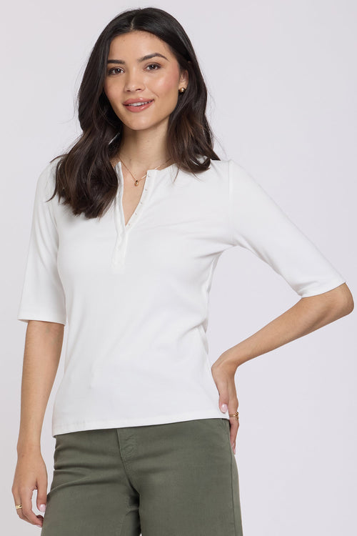 Ribbed Elbow Sleeved Henley - Optic White