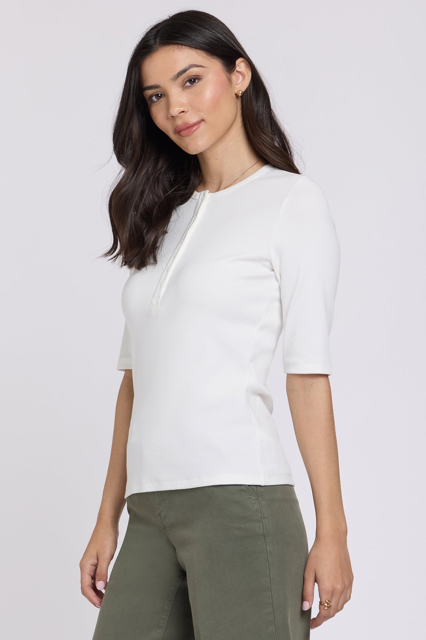 Ribbed Elbow Sleeved Henley - Optic White