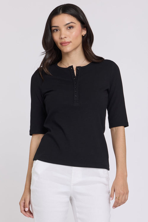 Ribbed Elbow Sleeved Henley - Black