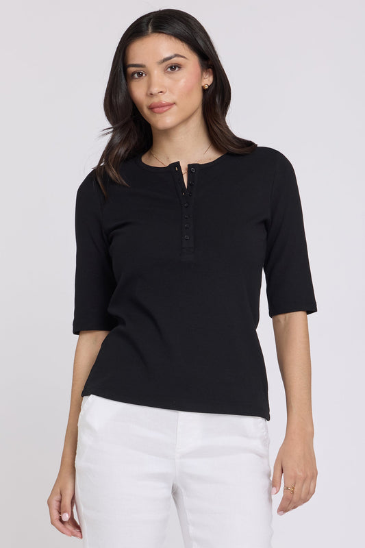 Ribbed Elbow Sleeved Henley - Black