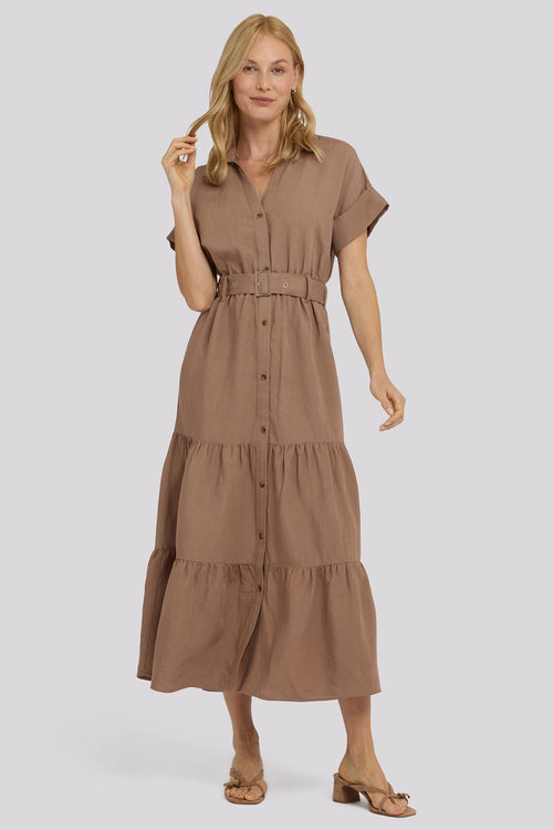 Belted Tiered Shirtdress - Toasted Coconut
