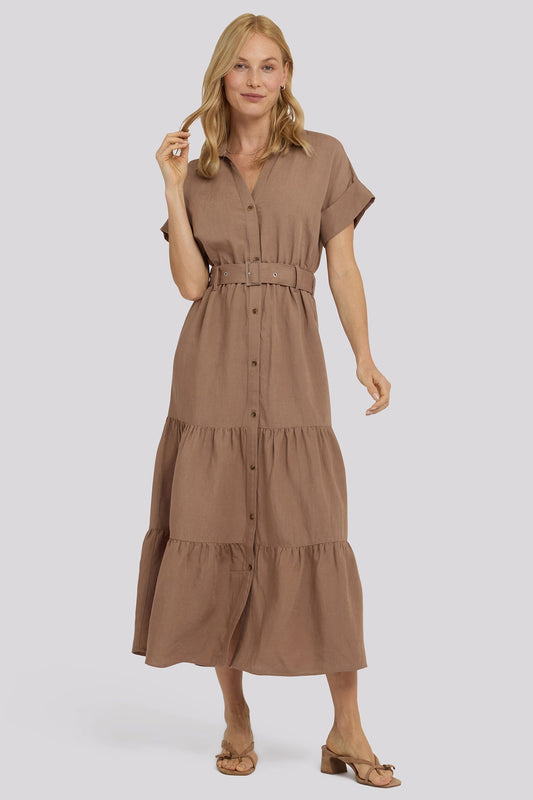 Belted Tiered Shirtdress - Toasted Coconut