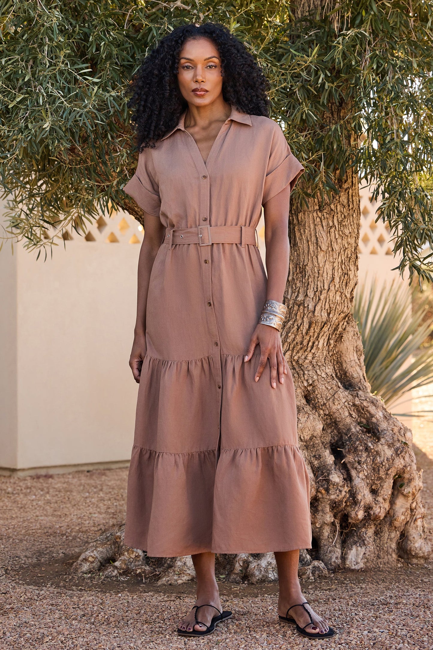 Belted Tiered Shirtdress - Toasted Coconut