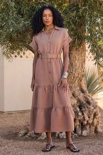 Belted Tiered Shirtdress - Toasted Coconut