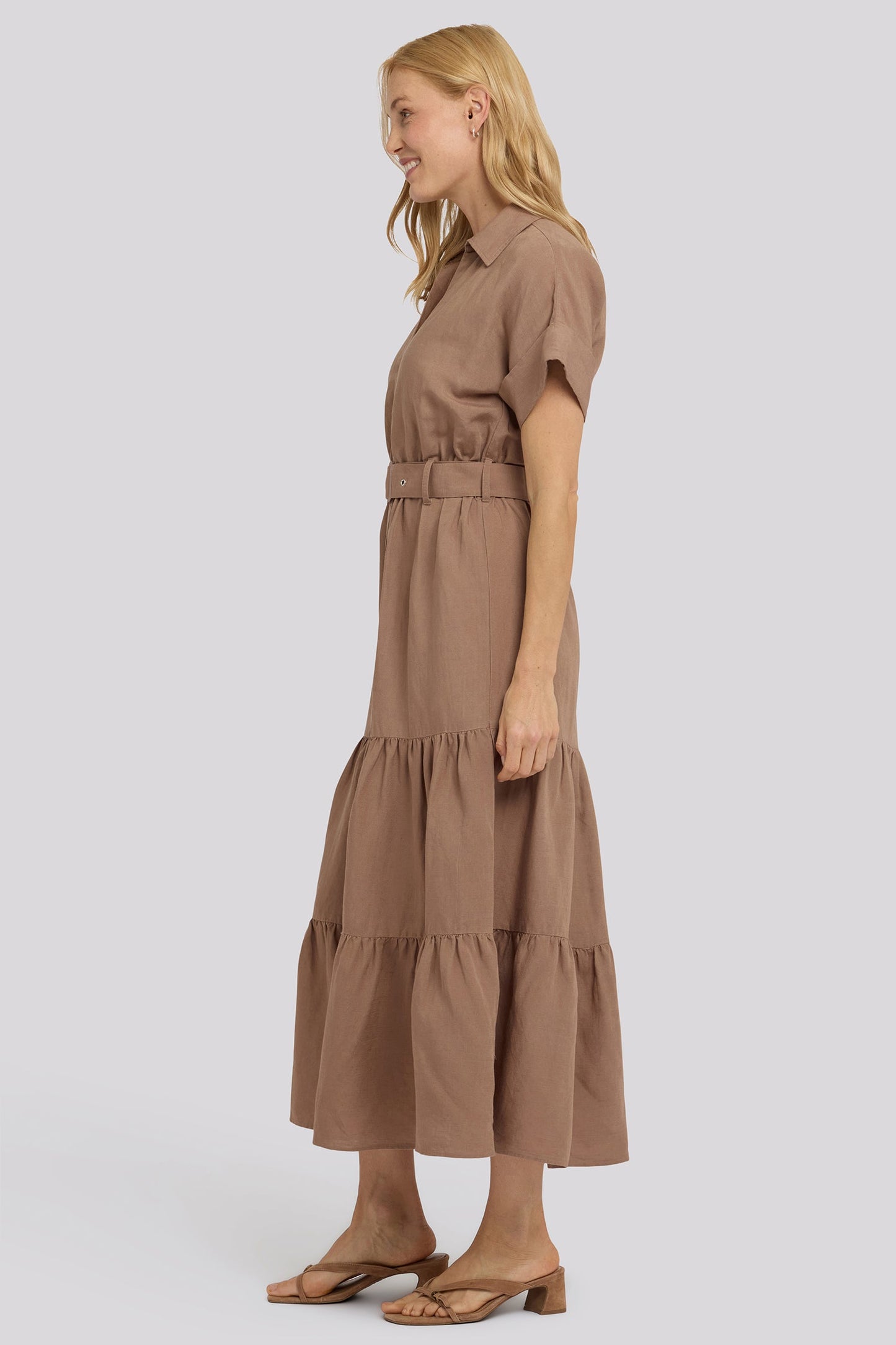 Belted Tiered Shirtdress - Toasted Coconut