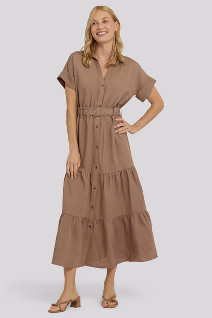 Belted Tiered Shirtdress - Toasted Coconut