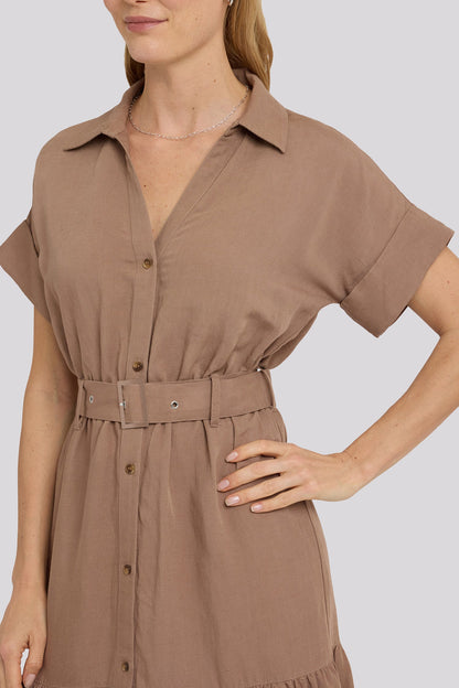 Belted Tiered Shirtdress - Toasted Coconut