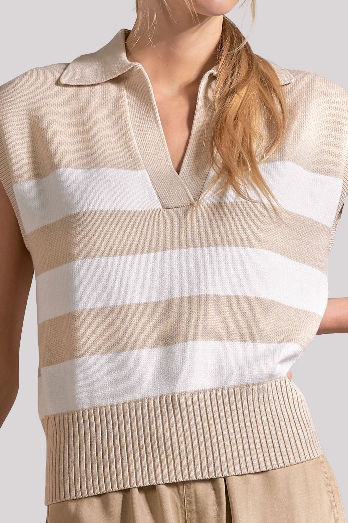 NYDJ X Elan Sleeveless Striped Top - Beige Stripe