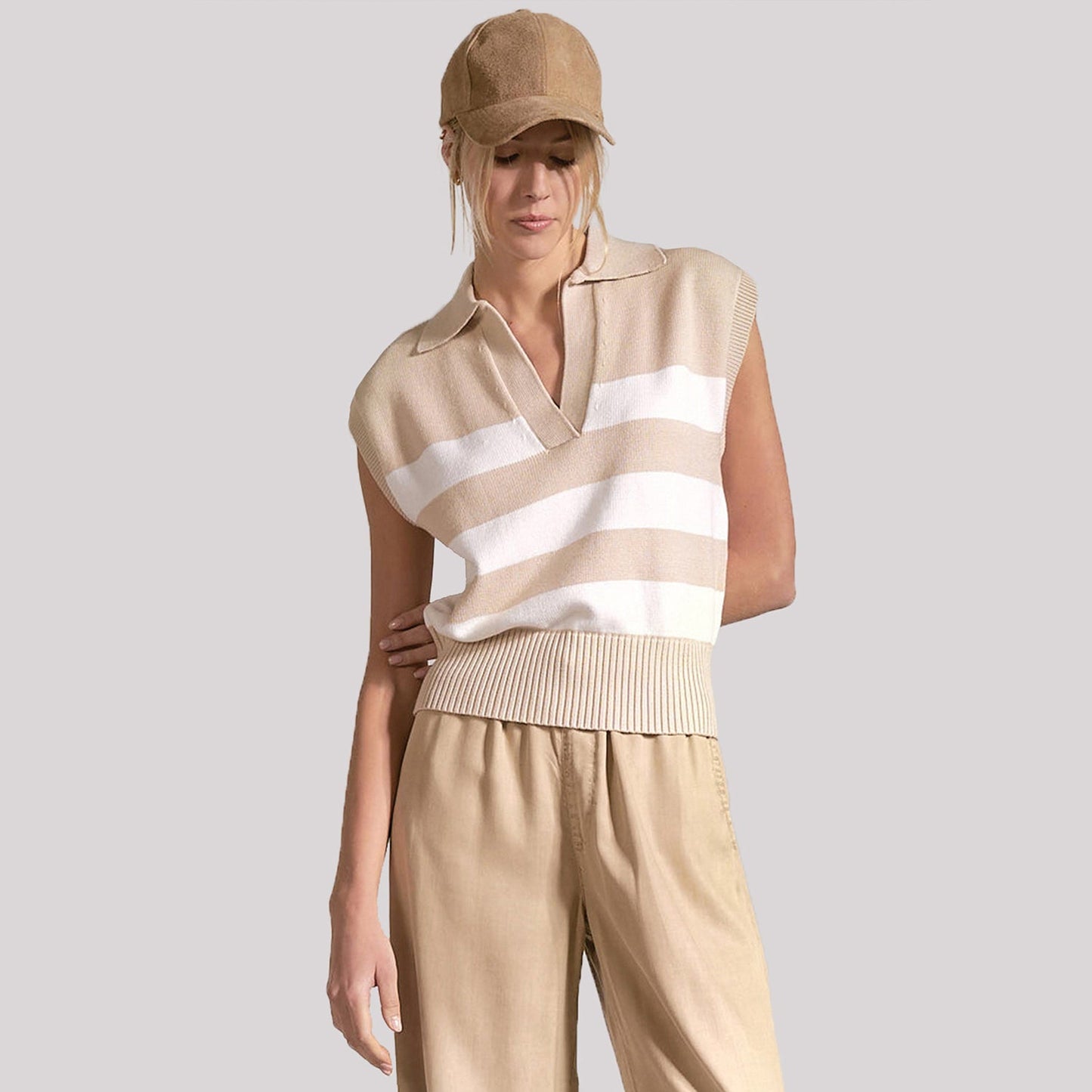 NYDJ X Elan Sleeveless Striped Top - Beige Stripe