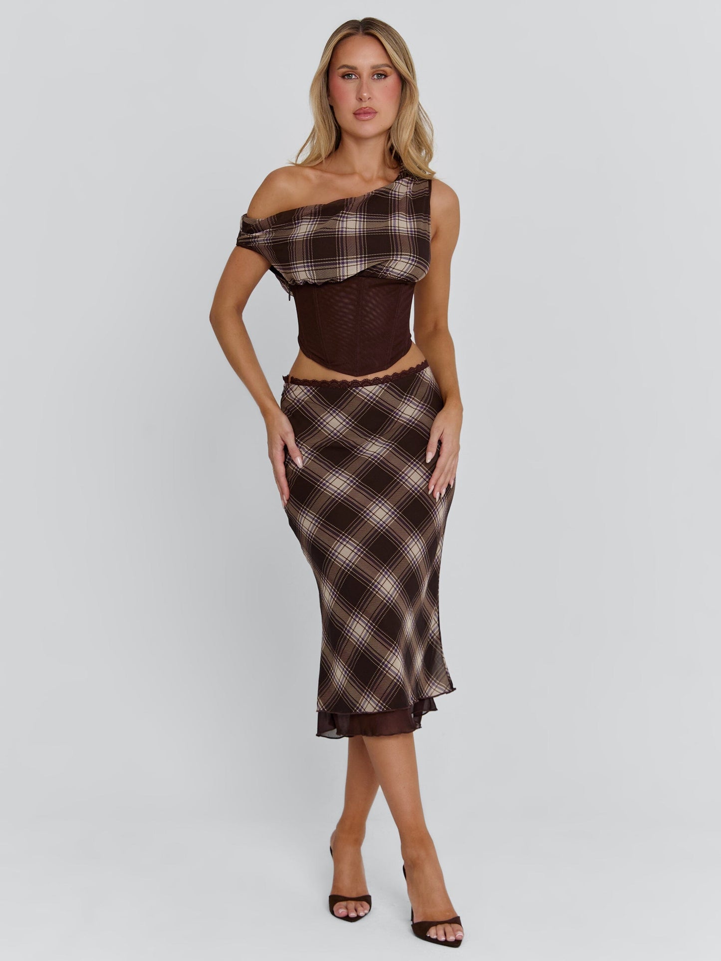 NARELLE MIDI SKIRT BROWN CHECK