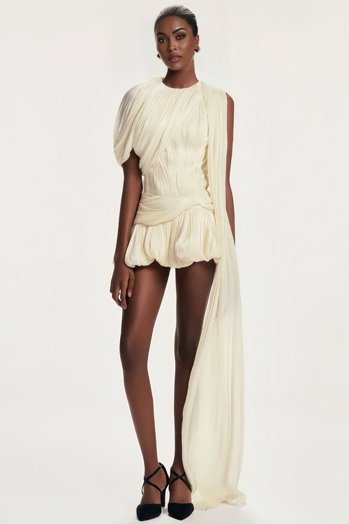 Cape Sleeve Ruched Asymmetrical Mini Dress