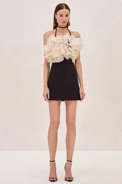 Contrast Color Ruffle Halter Neck Mini Dress