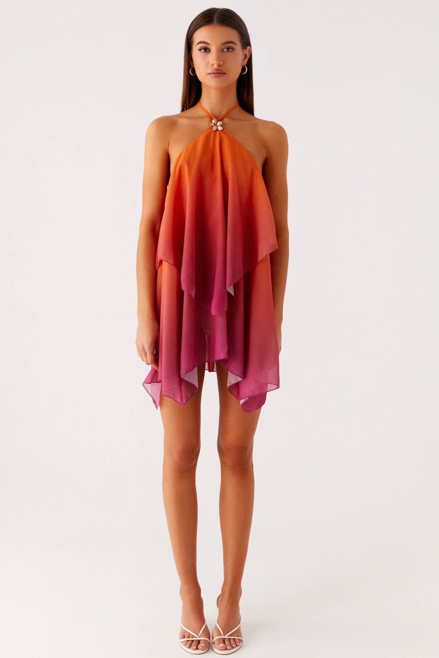 Chiffon Gradient Color Shell Decorations Halter Neck Mini Dress