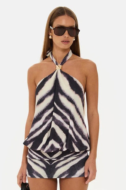 Zebra Print Halter Neck Sleeveless Mini Dress