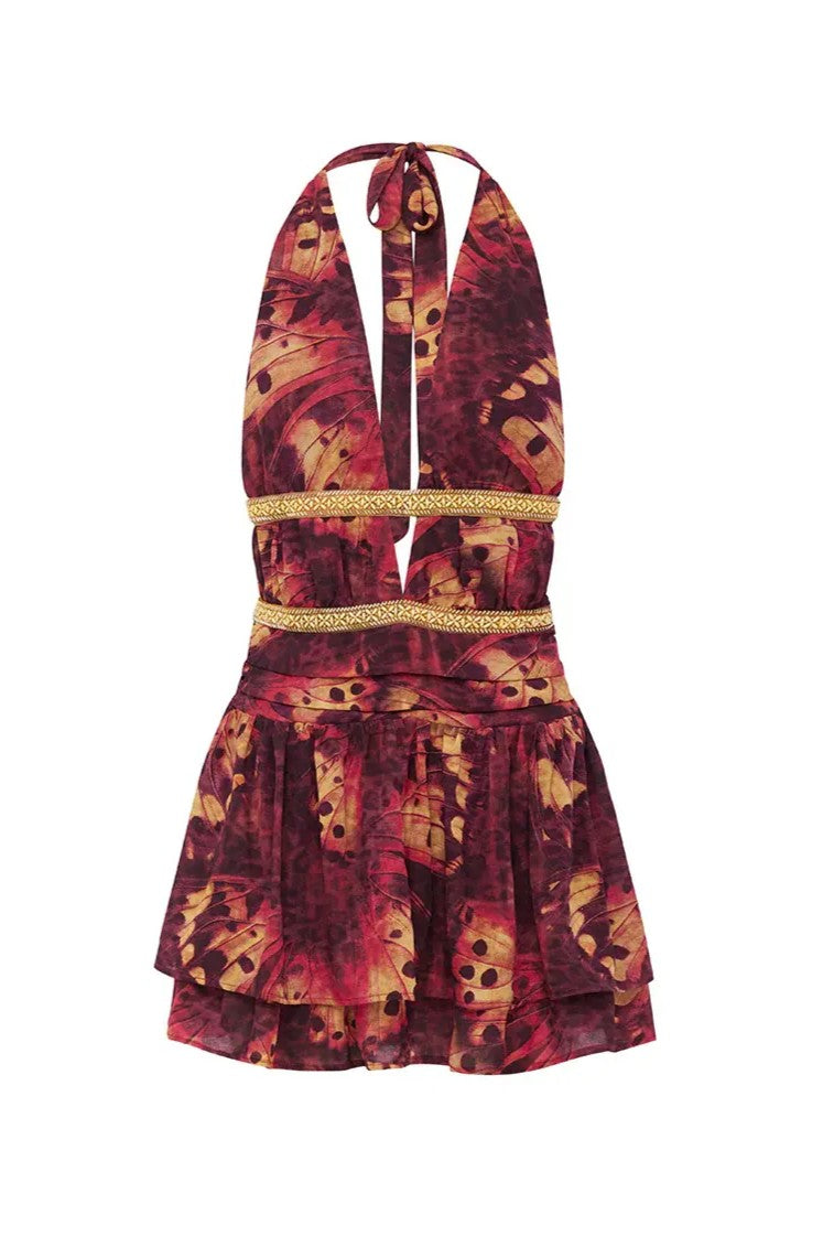 Butterfly Print Rivet Halter Neck Mini Dress
