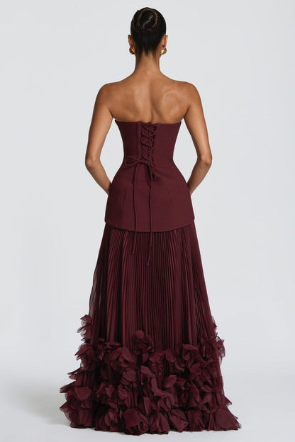 Satin Splicing Chiffon 3D Flower Strapless Maxi Dress