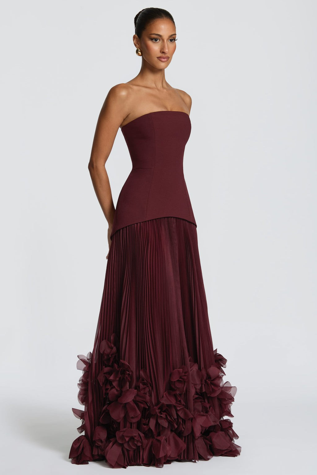 Satin Splicing Chiffon 3D Flower Strapless Maxi Dress