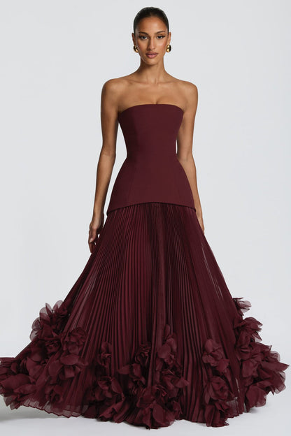 Satin Splicing Chiffon 3D Flower Strapless Maxi Dress