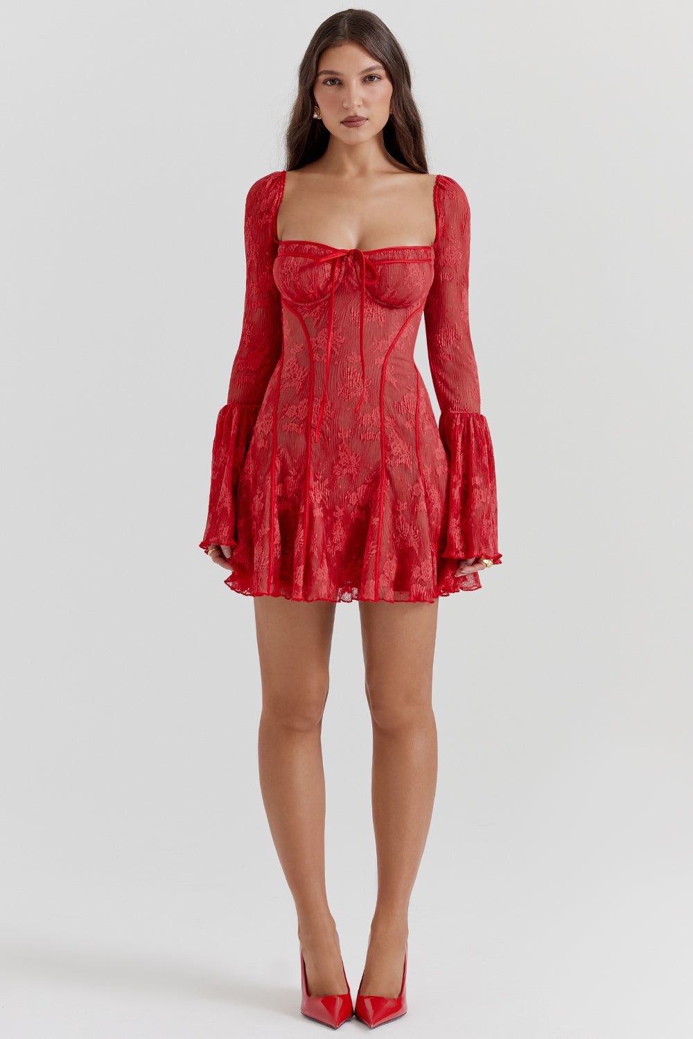 Lace Square Neck Tie Front Flare Sleeve Mini Dress