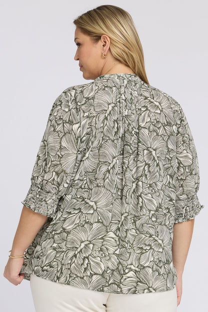 Pleated Short Sleeved Blouse In Plus Size - Leafy Rose