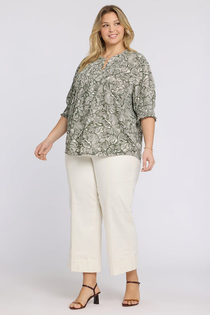 Pleated Short Sleeved Blouse In Plus Size - Leafy Rose