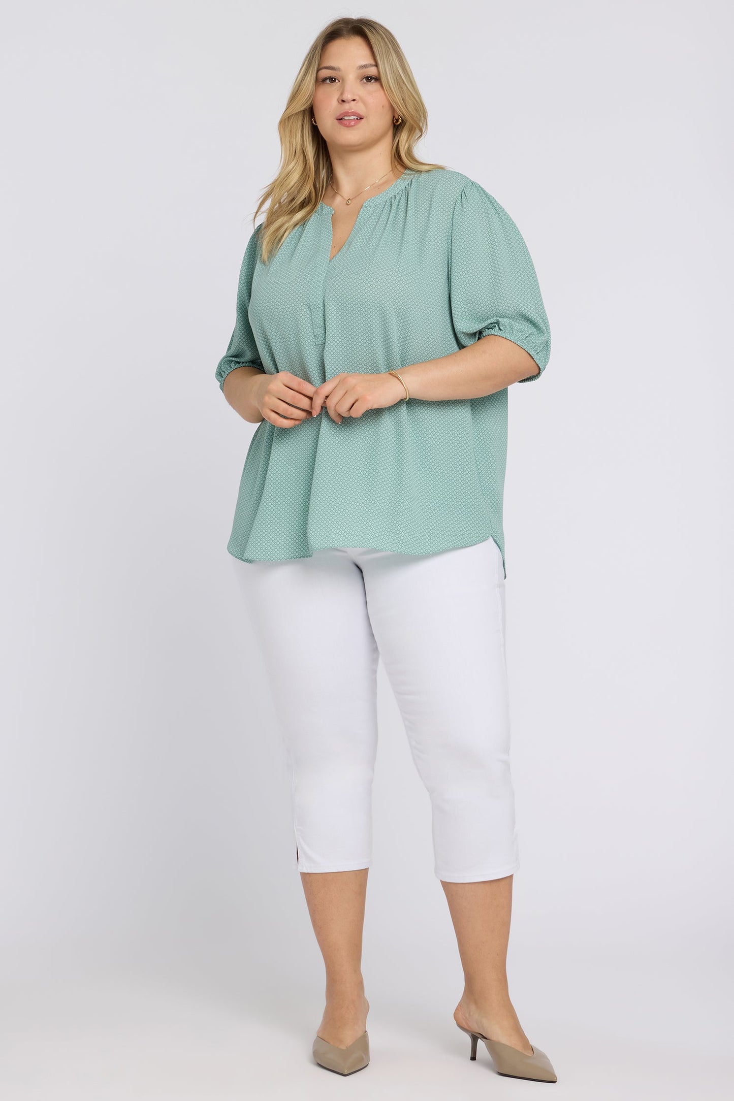 Short Puff Sleeved Popover Top In Plus Size - Valley of Daisies