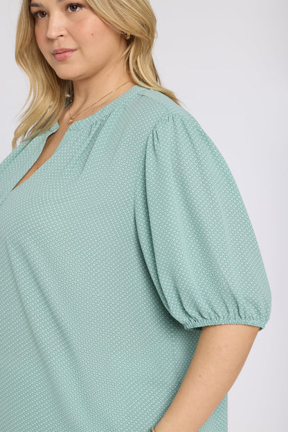 Short Puff Sleeved Popover Top In Plus Size - Valley of Daisies