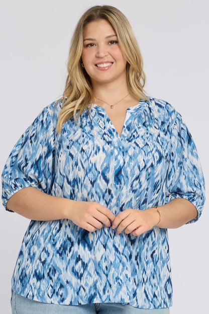 Short Puff Sleeved Popover Top In Plus Size - Blue Visions