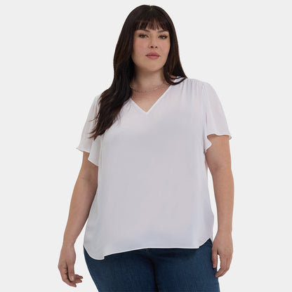 Pleated Flutter Sleeved Blouse In Plus Size - Optic White