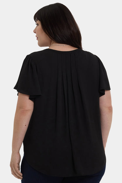 Pleated Flutter Sleeved Blouse In Plus Size - Black