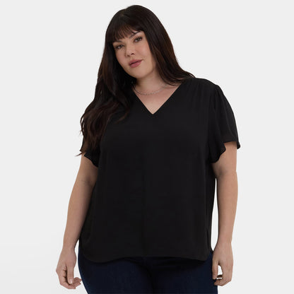 Pleated Flutter Sleeved Blouse In Plus Size - Black