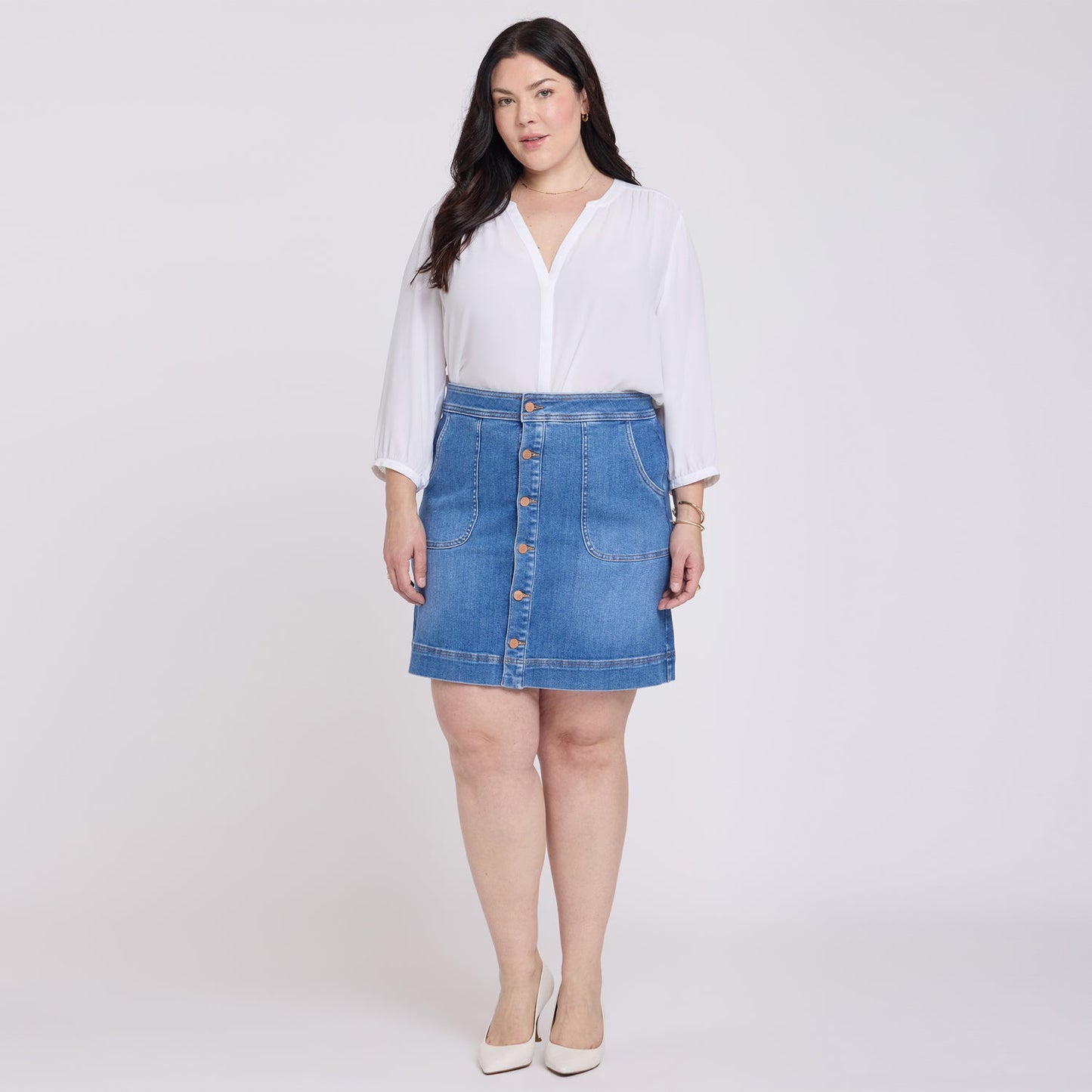 High Rise A-Line Utility Denim Skirt In Plus Size - Blue Paradise