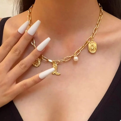 18K Gold-Plated Charm Necklace and Bracelet Jewelry Set