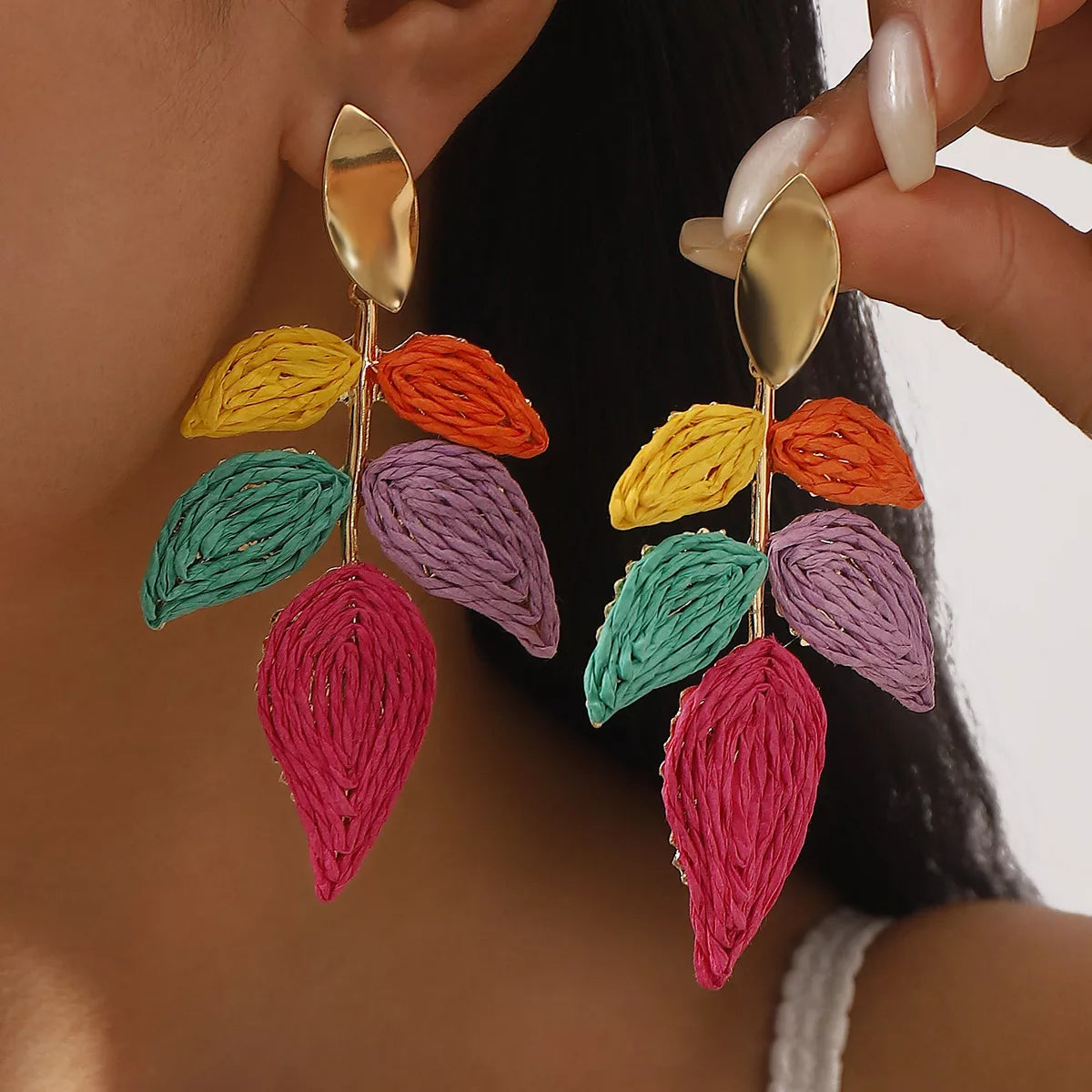 Rattan Woven Leaf Dangle Earrings