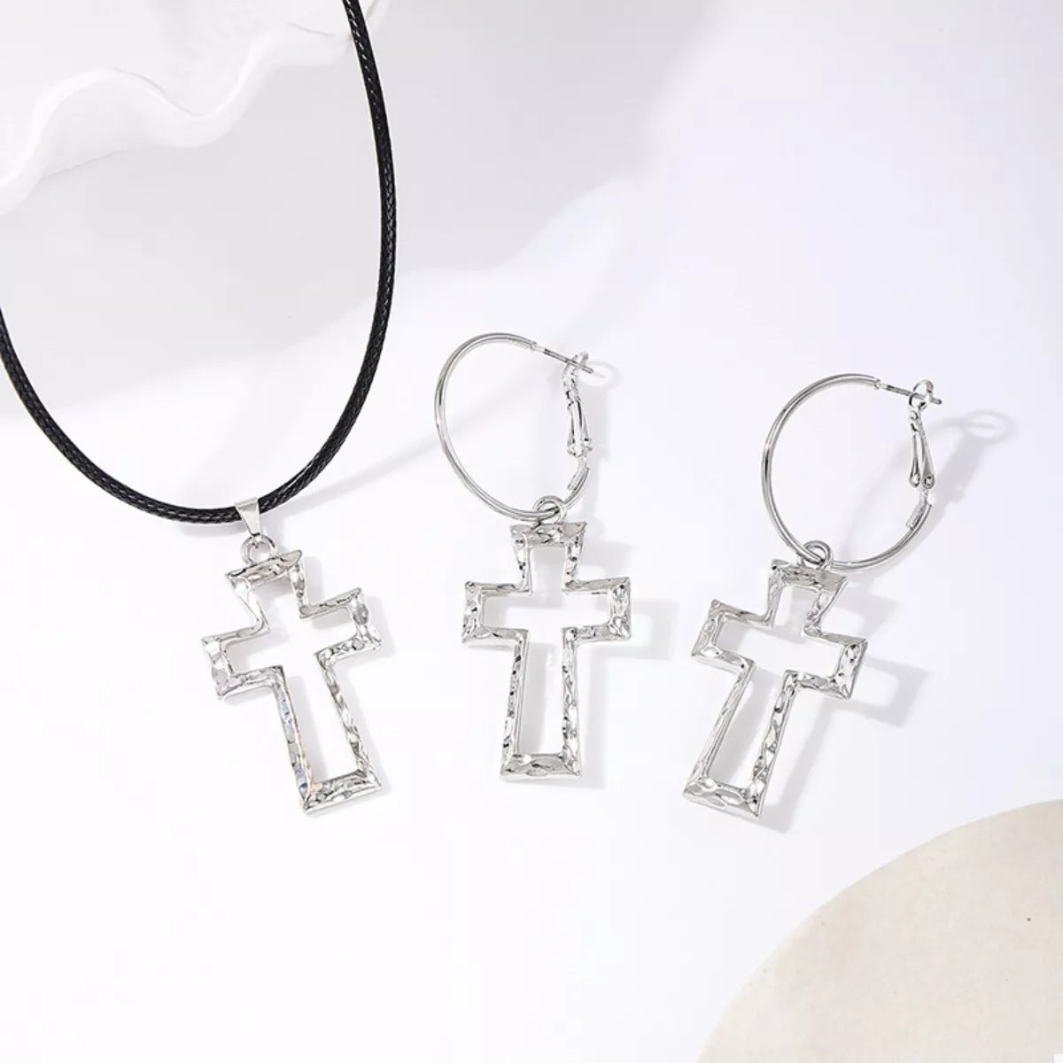Cross Pendant Necklace & Hoop Earrings Jewelry Set