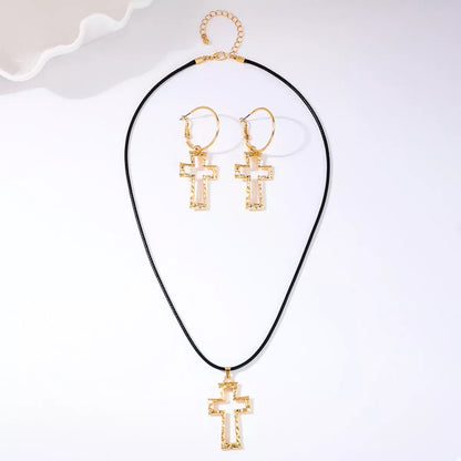 Cross Pendant Necklace & Hoop Earrings Jewelry Set