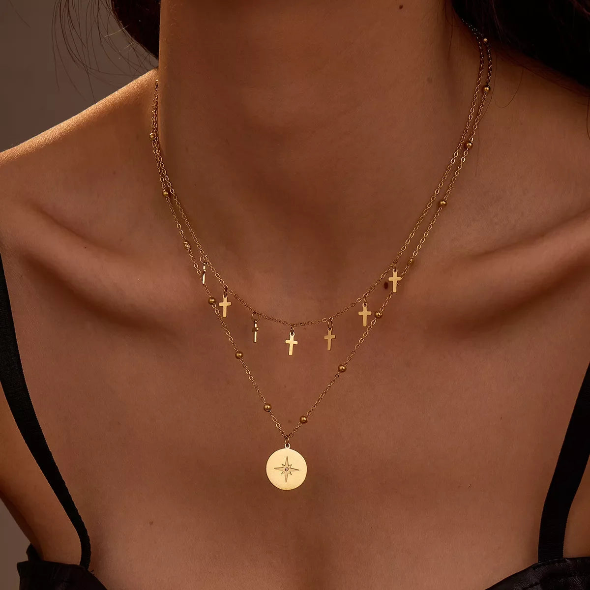 18K Gold-Plated Cross Double Layered Pendant Necklace