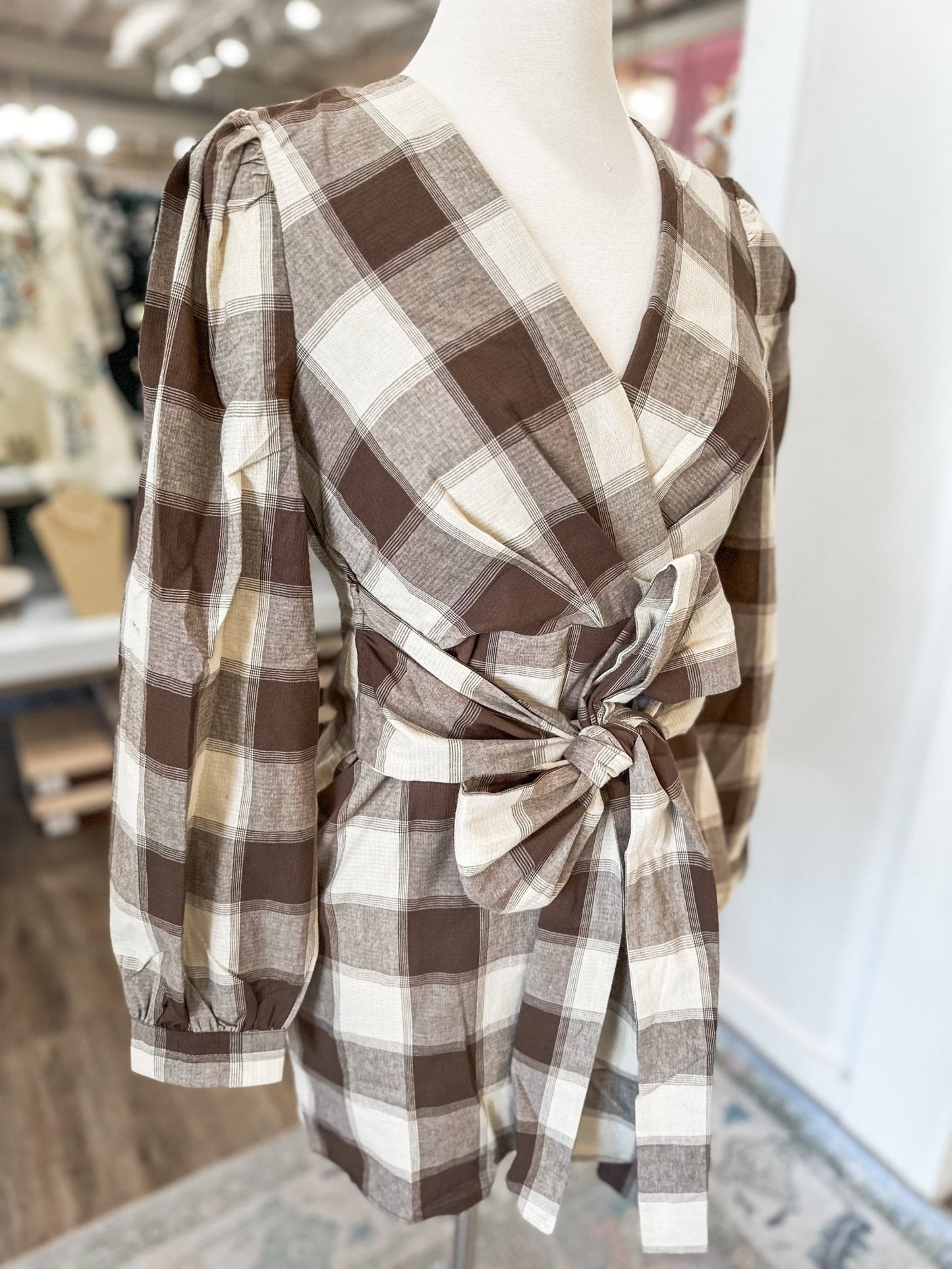 Brown Fireside Plaid Tie Mini Dress