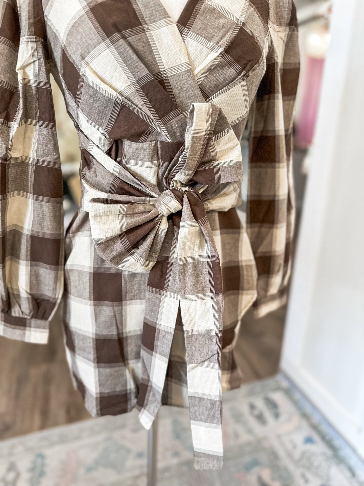 Brown Fireside Plaid Tie Mini Dress