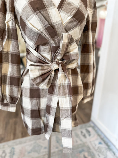 Brown Fireside Plaid Tie Mini Dress