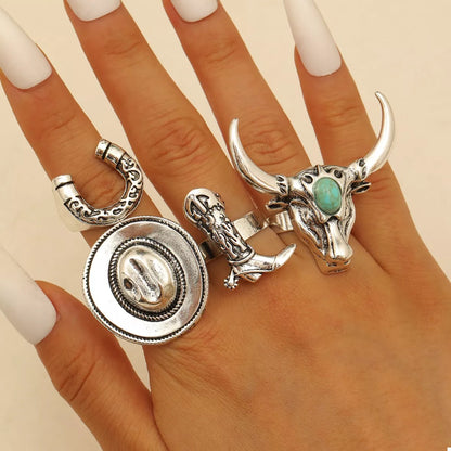 4 Piece Vintage Western Style Bull Head Rings