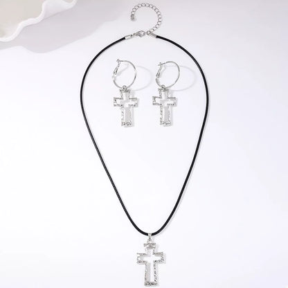 Cross Pendant Necklace & Hoop Earrings Jewelry Set