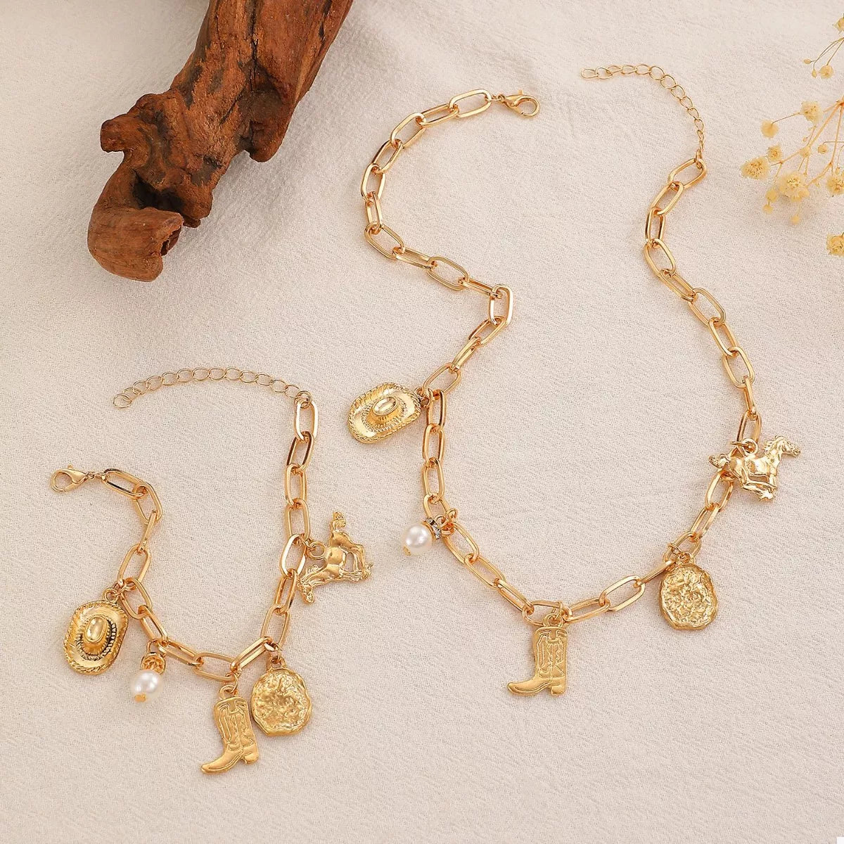 18K Gold-Plated Charm Necklace and Bracelet Jewelry Set