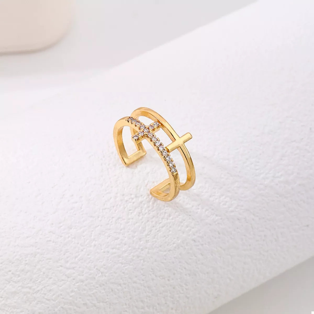 18K Gold-Plated Rhinestone Cross Open Ring