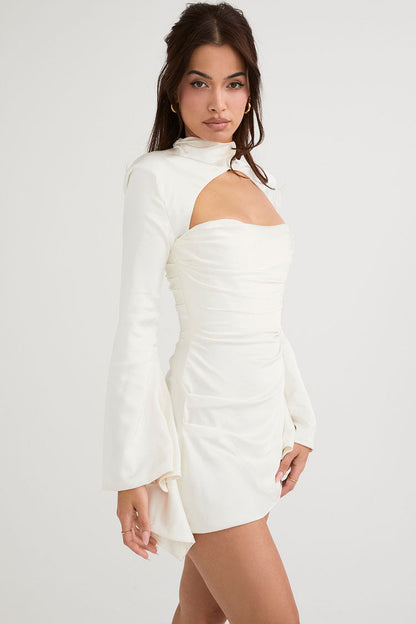 Silky Satin High Neck Long Sleeve Cutout Party Mini Dress