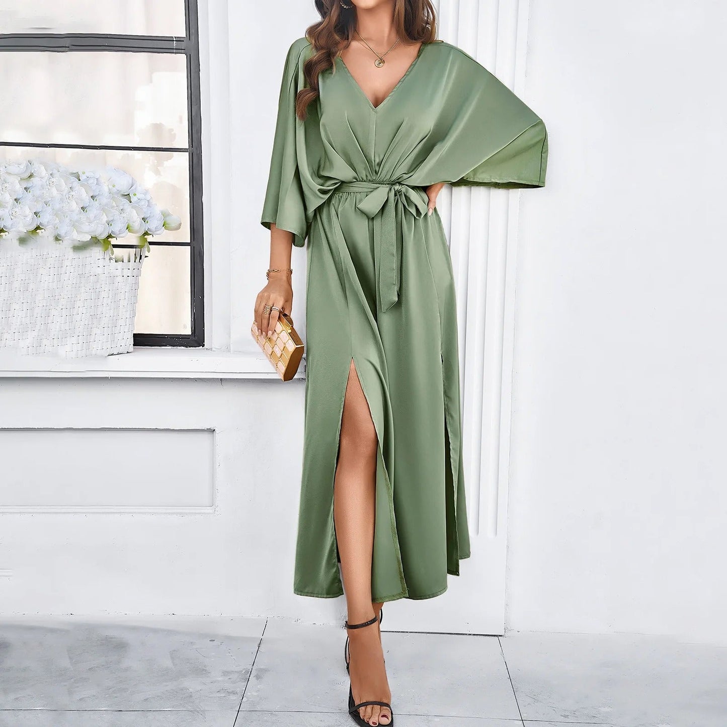 Women's Maxi Dress with V-Neck, Batwing Sleeves, Tie Waist and Side Slit